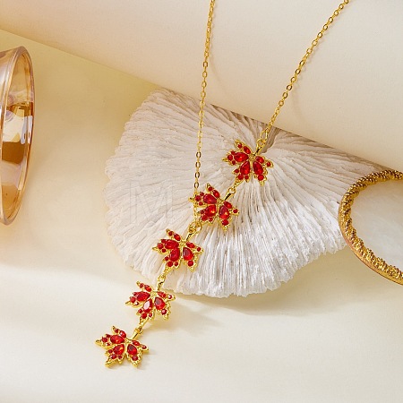Alloy Light Siam Rhinestone Maple Leaf Y Necklaces for Women FS-WG7D948-01-1
