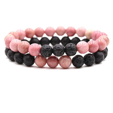2Pcs 2 Styles Natural Rhodonite & Lava Rock Round Beaded Stretch Bracelets for Couple FS-WGA2A2E-13-1