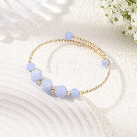 Natural Blue Lace Agate Round Graduated Beaded Brass Cuff Bangles BJEW-JB14463-02-1
