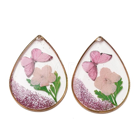 Brass & Transparent Epoxy Resin & Dried Flower Pendants RESI-G133-05G-03-1