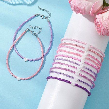 12Pcs 12 Colors Summer Beach Natural Shell Heart with Glass Beaded Anklets AJEW-AN00779-1