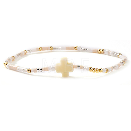 Bohemian Cross Charm Glass Seed Bead & Brass Beads Stretch Bracelet for Women SA4132-10-1