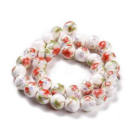 Handmade Flower Printed Porcelain Ceramic Beads Strands PORC-M007-10mm-01-1