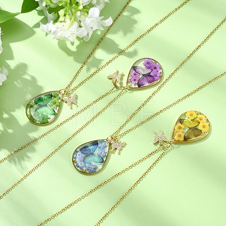Transparent Epoxy Resin Teardrop & Brass Micro Pave Clear Cubic Zirconia Butterfly Pendant 304 Stainless Steel Cable Chain Necklaces for Women NJEW-JN06288-1