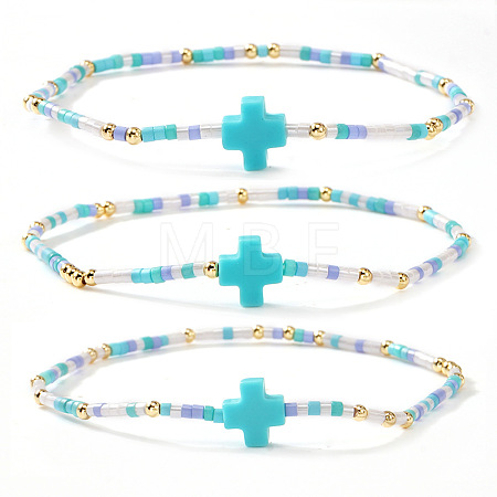 3Pcs Bohemian Cross Charm Glass Seed Bead & Brass Beads Stretch Bracelet for Women SA4132-3-1