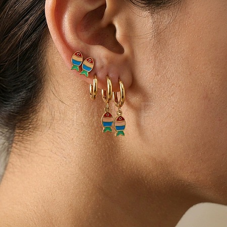 3 Pairs 304 Stainless Steel Enamel Hoop & Stud Earring Sets EJEW-Z166-01G-01-1