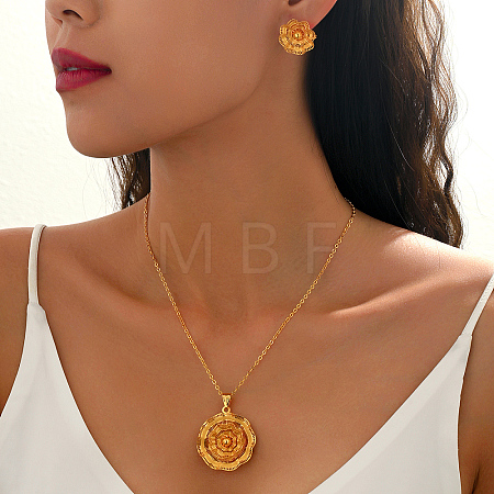 Vintage Brass Flower Stud Earrings & Pendant Necklaces Sets for Women BJ1568-1