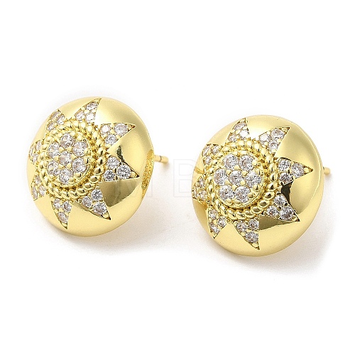 Rack Plating Brass Half Round with Sun Stud Earrings with Crystal Rhinestone for Women EJEW-D059-14G-1