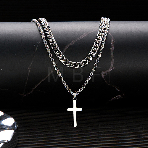 Stainless Steel Cross Pendant Double Layer Necklaces PW-WG88E37-02-1