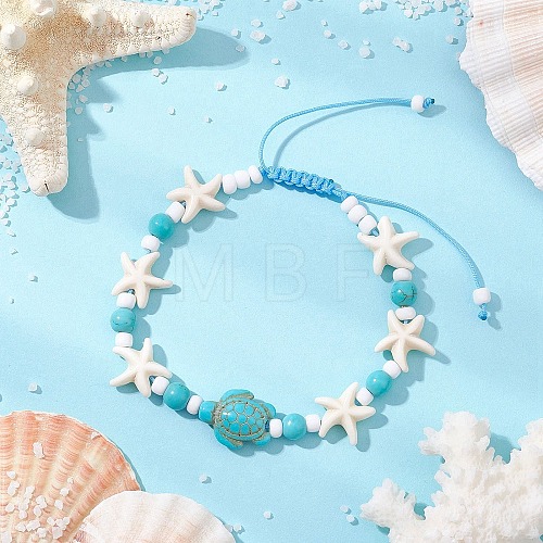 Dyed Synthetic Turquoise & Magnesite Bead Braided Bead Bracelets for Women BJEW-JB11532-02-1