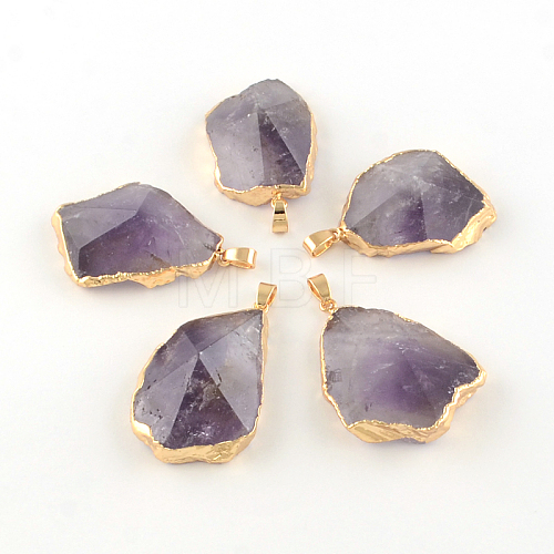 Mixed Shape Faceted Golden Plated Natural Amethyst Pendants with Iron Clasps G-R275-281-1