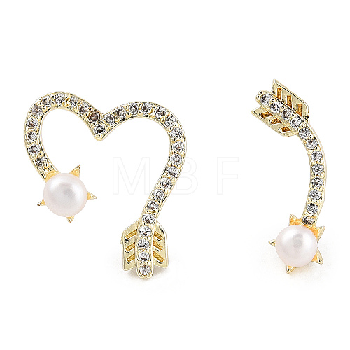 Clear Cubic Zirconia Arrow & Heart Asymmetrical Earrings with Natural Pearl Beaded EJEW-T019-06G-1