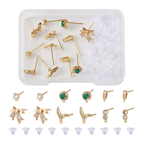 Fashewelry 12Pcs 6 Style Brass Micro Pave Cubic Zirconia Stud Earring Findings KK-FW0001-10-1