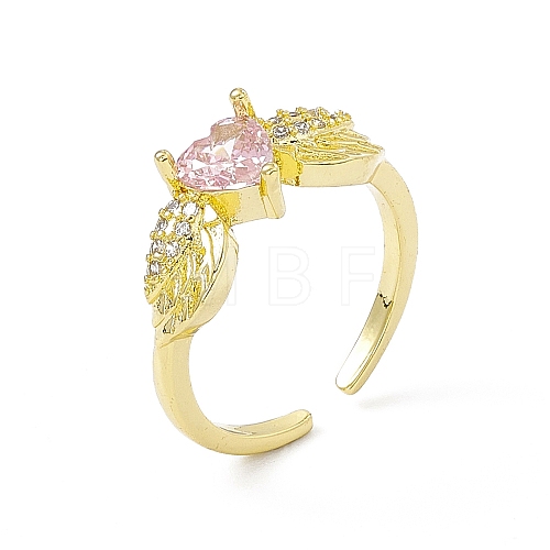 Pink Cubic Zirconia Heart with Wing Open Cuff Ring RJEW-I091-17G-1