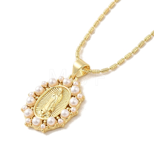 Oval with Virgin Mary Pattern Brass & Resin Pearl Pendant Necklaces for Women NJEW-G082-03B-G-1