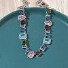 Brass Pave Colorful Cubic Zirconia Rectangle Square Teardrop Tennis Necklaces NJEW-G183-09P-3