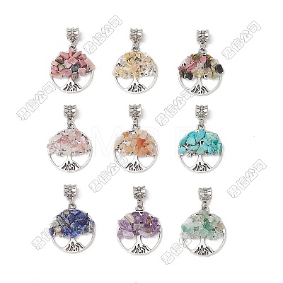 36Pcs 9 Styles Mixed Stone Chip Beaded Alloy Tree of Life European Dangle Charms PALLOY-ME00029-1
