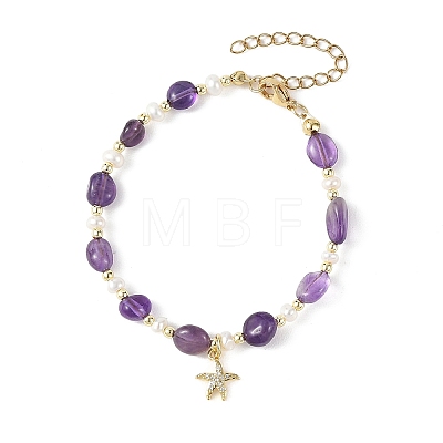 Brass Micro Pave Clear Cubic Zirconia Starfish Charm Bracelets BJEW-JB14269-1