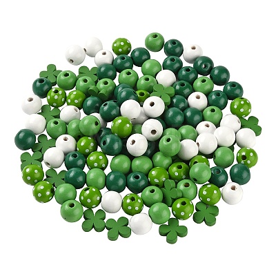 160Pcs 5 Style Irish Theme Painted Natural Wood Beads WOOD-LS0001-48-1