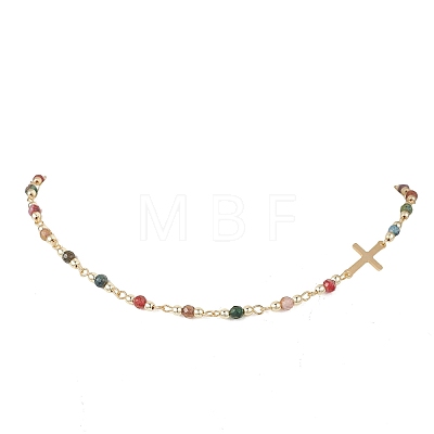 Faceted Natural Indian Agate Round Beads & 304 Stainless Steel Tiny Cross Handmade Link Chain Necklaces NJEW-JN05842-03-1