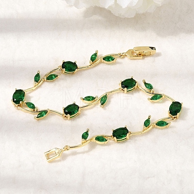 Leaf Brass Micro Pave Cubic Zirconia Link Chain Bracelets for Women BJEW-D455-01G-06-1