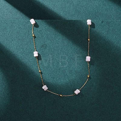 304 Stainless Steel with Dyed Pink Natural Shell Disc Beads Link Chain Necklaces for Women NJEW-K255-46G-1
