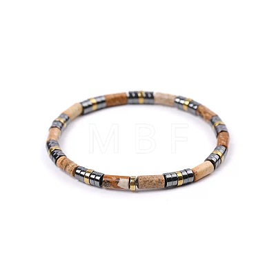 Bohemian Natural Picture Jasper & Golden Synthetic Non-magnetic Hematite Beaded Stretch Bracelets for Women Men LS-NY1304-6-1