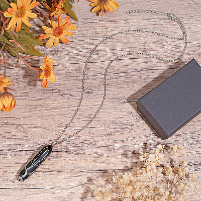 1Pc Natural Black Agate Bullet Macrame Pouch Pendant Alloy Chain Necklaces NJEW-PA0001-01E-1