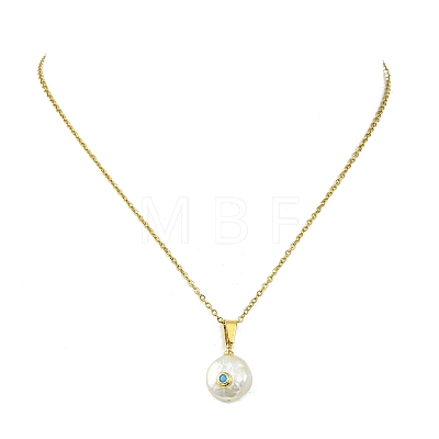 Brass Pave Cubic Zirconia and Natural Keshi Pearl Coin Pendant 304 Stainless Steel Cable Chain Necklaces for Women NJEW-JN06120-1