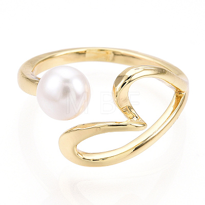 Brass Hollow Heart Open Cuff Rings with Natural Pearl PEAR-N020-05L-1