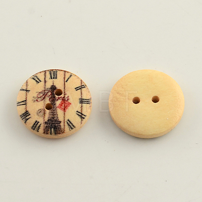 2-Hole Clock Pattern Printed Wooden Buttons BUTT-R031-022-1