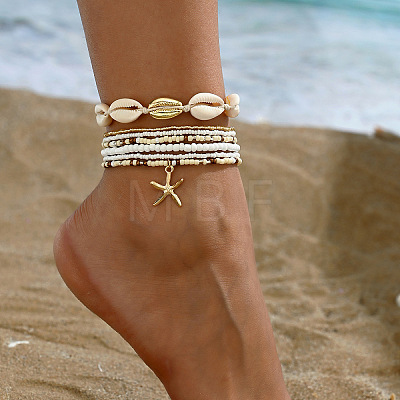 7Pcs 7 Styles Summer Beach Glass Seed Beaded & Natural Shell & Alloy Starfish Charm Anklets WG60733-06-1