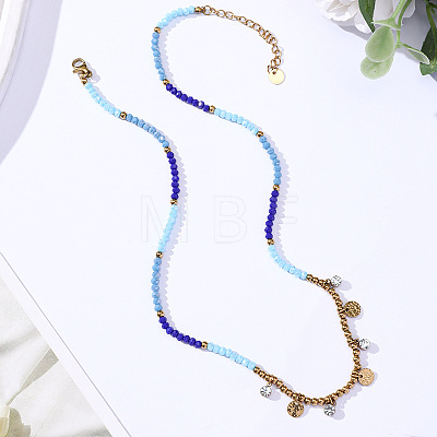 Boho 304 Stainless Steel Crystal Rhinestone Coin Tassel Pendant Glass Beaded Necklaces for Women WG01577-01-1