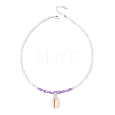 Summer Beach Natural Cowrie Shell & Alloy Fishbone Pendant Glass Beaded Necklaces for Women NJEW-JN06578-1