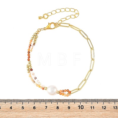 Faceted Natural Mixed Gemstone Beaded & Brass Paperclip Chain Bracelets with Natural Pearl for Women BJEW-JB14324-1
