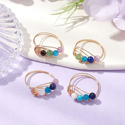 Copper Wire Wrapped Natural Gemstone Round Beaded Finger Rings for Women RJEW-JR00751-1