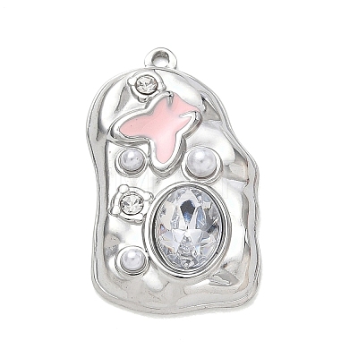 304 Stainless Steel Micro Pave Clear Cubic Zirconia with Pink Enamel & Plastic Pearl Pendants SA-CBA50C9-02P-1
