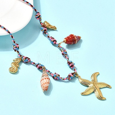 Summer Beach 304 Stainless Steel & Electroplated Natural Shell Pendant Adjustable Polyester Cord Necklaces for Women NJEW-F348-01C-G-1