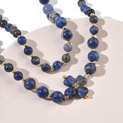 Saint Patrick's Day Natural Sodalite Clover Pendant Round Beaded Necklaces with Brall Heart OT Clasps NJEW-G202-02G-05-1
