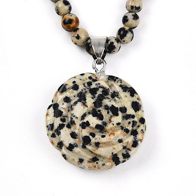 Natural Dalmatian Jasper 4.5mm Round Beaded Flower Pendant Necklaces NJEW-T016-04H-1