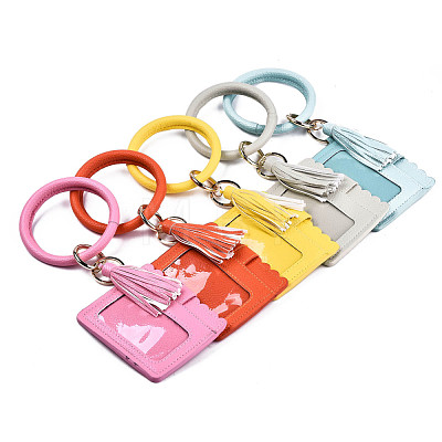 Multifunctional PU Leather Wristlet Circle Key Ring Bangle Card Pocket AJEW-T011-01-1