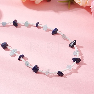 3Pcs 3 Styles Natural Lapis Lazuli & Aquamarine & Amethyst & Rose Quartz & Green Aventurine & Citrine Chip & Glass Seed Baeded Necklaces for Women NJEW-JN05603-1