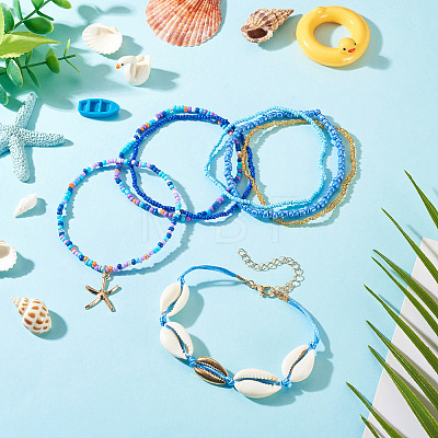 2 Bags Summer Beach Glass Seed Beaded & Natural Shell & Alloy Starfish Charm Anklet Sets AJEW-TA0003-69D-1