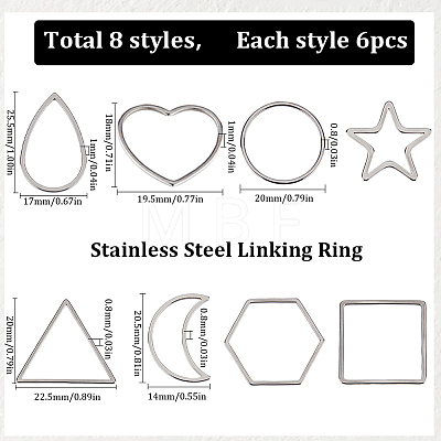 SUNNYCLUE 48Pcs 8 Style 201 & 304 Stainless Steel Linking Ring STAS-SC0007-37-1