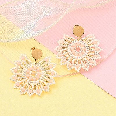 304 Stainless Steel & Bohemian Beaded Flower Dangle Stud Earrings for Women EJEW-R001-04B-1