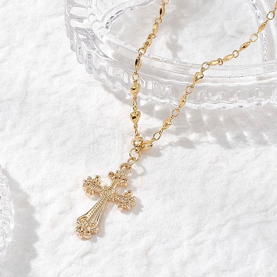 Alloy Cross Pendant Brass Heart Link Chain Necklaces for Women NJEW-JN05617-1