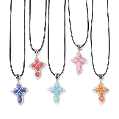 Dyed Synthetic Imperial Jasper with Glass Seed Beaded Cross Pendant Black Waxed Cotton Cord Necklaces NJEW-MZ00138-1