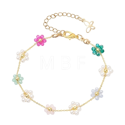 Brass & Glass Flower Link Chain Bracelets for Women BJEW-JB14026-1