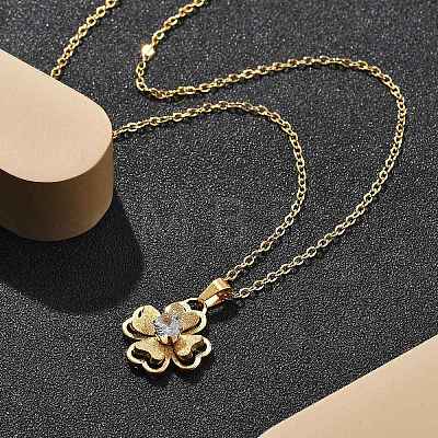 304 Stainless Steel Crystal Rhinestone Clover Pendant Necklaces for Women NJEW-Z056-03G-1