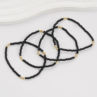 Brass & Black Glass Seed Beaded Stretch Bracelet Sets GV0095-1